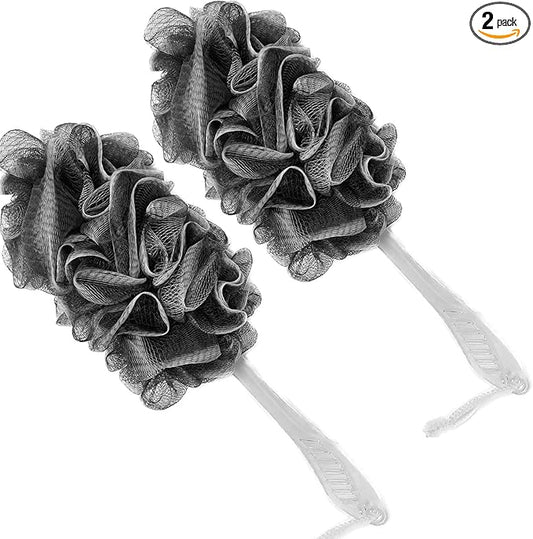 Black Charcoal Loofah for Mens - Back Loofah Scrubber with Handle - Long Handle Bath Brush - 2 Pack