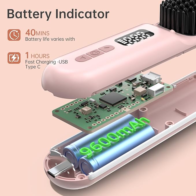 Cordless Hair Straightener Brush, Go Brush Pro, Portable Crystal Diamond Bling Mini Straightening Brush for Travel, Negative Ion Hot Comb with 9 Temps, Anti-Scald Ceramic, Fast Charging for Women