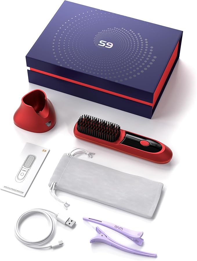 VELORlA Cordless Hair Straightener Brush with Charging Dock - LED Display,300M Negative lons & 3 Temps Fast Heating 320-392°F, Anti-Frizz Travel HaiStyler, Gift for Women (Garnet Red Pro+)