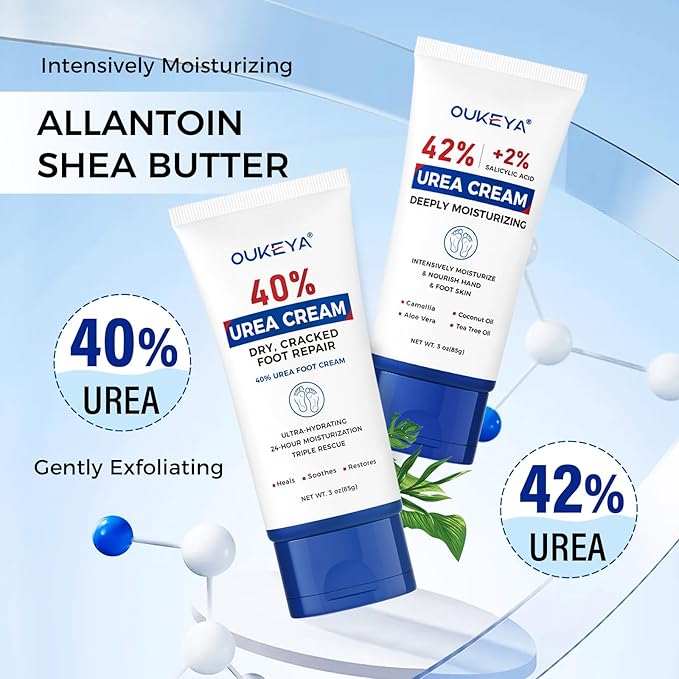 OUKEYA Urea Cream 40 Percent Tube 3 Oz, Foot & Hand Cream for Dry Cracked, 42 per Urea Lotion for Feet Maximum Strength, 85g, 2 Pack
