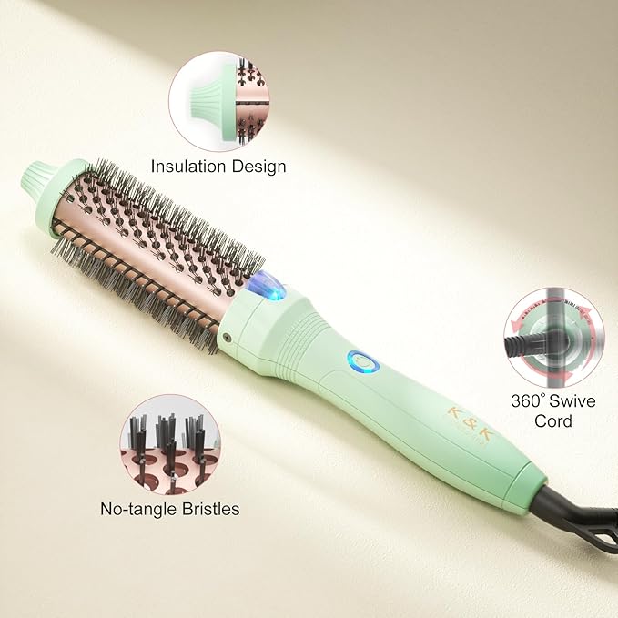 K&K Brush 30, 1.18 Inch Hot Styling Brush, Ionic Curling Iron with Tourmaline Ceramic Barrel, Professional Hair Curler up to 356°F, Dual Voltage Hair Waving Style Tool for Traveling