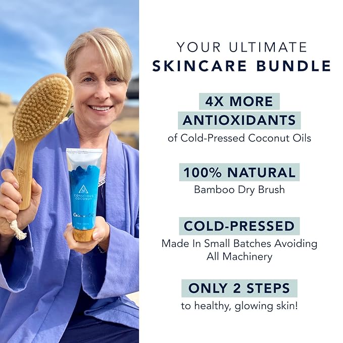 Travel Dry Brush Gift Set Bundle, Certified Organic Coconut Oil Travel Tube, Sustainable Bamboo Body Scrub Brush, Bundle for Skin Care, Great Gift, Exfoliation - Conscious Coconut