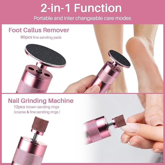 Electric Foot File Callus Remover, 2-in-1 Nail Grinder, Adjustable Speed, 60 Sandpaper Discs, Rose Gold