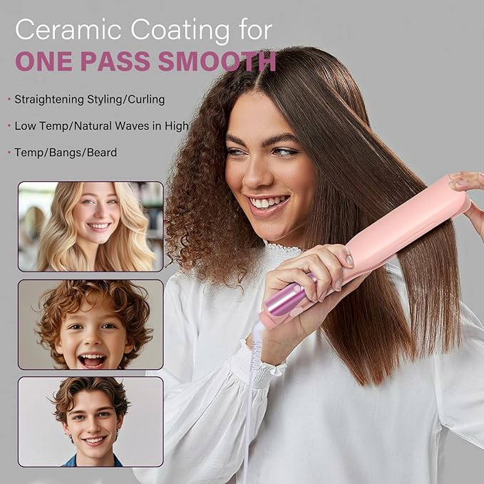 Hair Straightener, 1.5” Flat Iron and Curler 2 in 1, Ceramic Coating, Quick Heat Up, 4 Temp. Options, for All Hair Type, Less Frizz, Shinier and Smoother, Dual Voltage for Travel (Pink)
