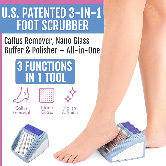 Wonex U.S. Patented 3-in-1 Foot Scrubber – No-Bend Callus Remover, Nano Glass Buffer & Polisher for Smooth Feet – Ideal for Senior Aids, Pregnancy Must-Haves, Back & Knee Surgery Recovery Gift (Grey)