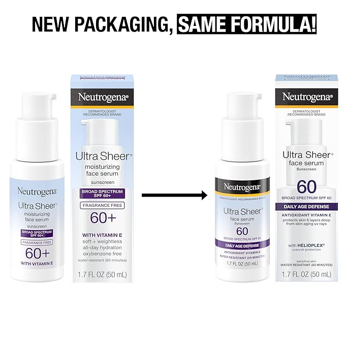 Neutrogena Ultra Sheer Face Sunscreen with Vitamin E & SPF 60, Sunscreen for Face with Broad Spectrum UVA/UVB Protection, Fragrance-Free, Oxybenzone-Free, Water-Resistant (80 minutes), 1.7 Fl Oz