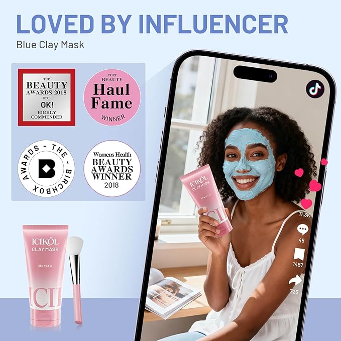 Deep Cleansing Blue Clay Mask for Face with Pearl Peptide, Radiance Mud Mask to Balance Oil and Moisture, Minimize Blackheads, Soothing Care Pore Cleansing Mask with Brush