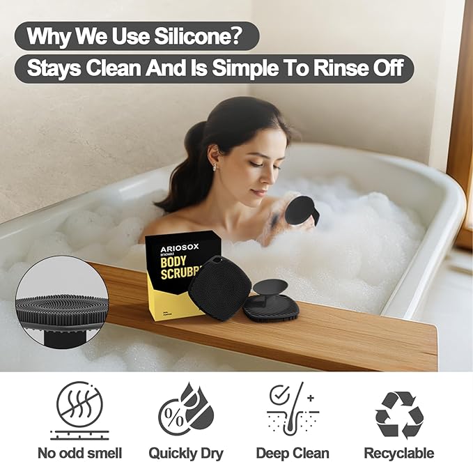 Silicone Body Scrubber with Suction Cup, Gentle Texture Exfoliating Body Scrubber for Men and Women On Sensitive Skin, Build Up Lather, Deep Skin Clean (Body+ Face Scrubber Black)