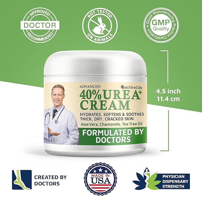Activelife - Urea Cream 40 Percent for Feet, Formulated by Doctors, Foot Cream for Dry Cracked Heels, Foot Callus Remover, Rehydrates Dry, Rough, Dead Skin on the Feet, Hands, and Elbows, Free Pumice
