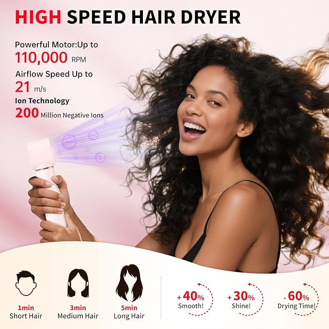 7 in 1 Hot Air Styler Hair Dryer Brush, 110,000 RPM High-Speed Frizz-Free Blow Dryer for Fast Drying, Curling Volumizing Smoothing & Styling, Hair Styler, Straightening Curler