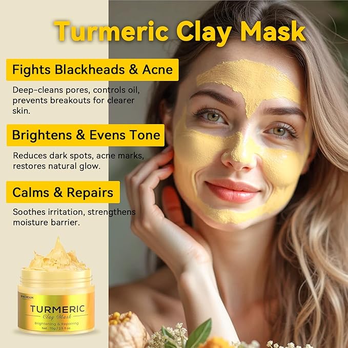 Turmeric Clay Mask, Green Tea, Dead Sea Minerals Mud Mask, Spa Facial Mask 3-Piece Set for Deep Cleansing, Moisturizing and Refining Pores, Vegan & Cruelty-Free, 7.5 fl.oz