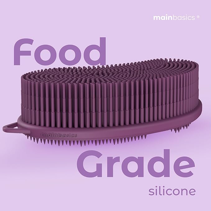 MainBasics Silicone Body Scrubber – Dual-Sided Shower Exfoliator for Men & Women, Gentle Silicone Loofah Alternative for Deep Clean (Purple, Exfoliate)