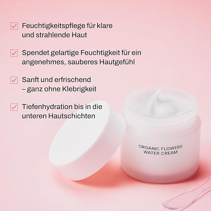 Whamisa Organic Flowers Water Cream, 95.2% Organic, Waterless Formula, Fermented Postbiotic for Deep Hydration & Soothing, Moisturizing (50ml)