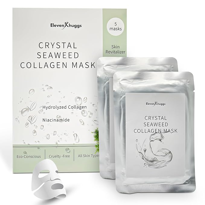 Crystal Seaweed Bio-Collagen Sheet Mask – Hydrating, Brightening & Firming Face Masks with Niacinamide, Korean Skincare Formula (5 Pack)