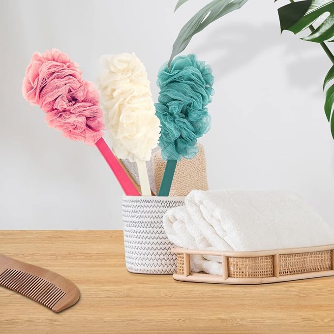 Back Scrubber for Shower, Qewro Loofah on a Stick as Shower Brush Exfoliating Body with Long Handle, Loofah Sponge Mens Loofah Bathing Accessories for Women (2Pack Blue) (2Pack Blue)