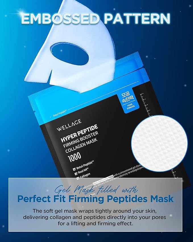 WELLAGE Hyper Peptide Firming Booster Collagen Hydrogel Face Sheet Mask -Face Overnight Mask for Pore Tightening & Elasticity Improvement - Korean Skincare, 5 Sheets