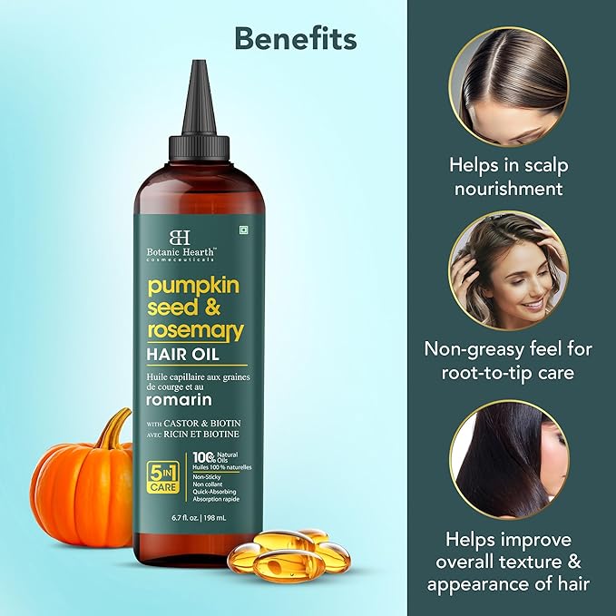Botanic Hearth 100% Pure Rosemary Pumpkin Seed Oil for Hair Growth, Strengthening Hair Oil for Dry, Damaged, Thinning Hair, Nourishing Hair Tonic for Stronger & Healthier Scalp, Hair Serum, 6.7 fl oz