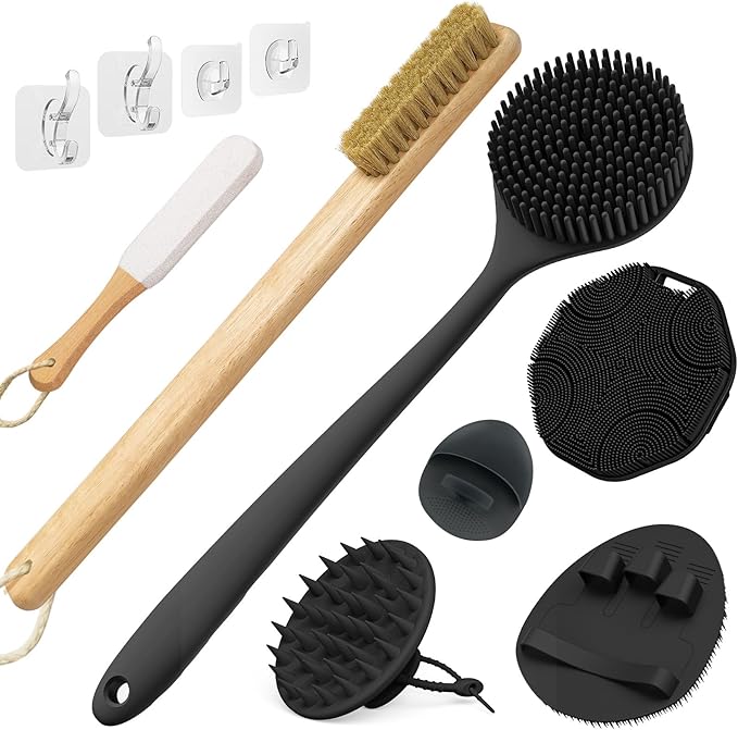 Manmihealth Silicone Back Scrubber & Soft Shower Brush, Silicone Scalp Massager, Wooden Foot Files Brush Set 7 PCS, Whole Body Scrubber & Shampoo Brush Combination, with 4 Free Hooks (Style 2 Black)