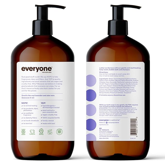 Everyone 3-in-1 Soap, Body Wash, Bubble Bath, Shampoo, 32 Ounce (Pack of 2), Lavender and Aloe, made with Essential Oils for Men and Women