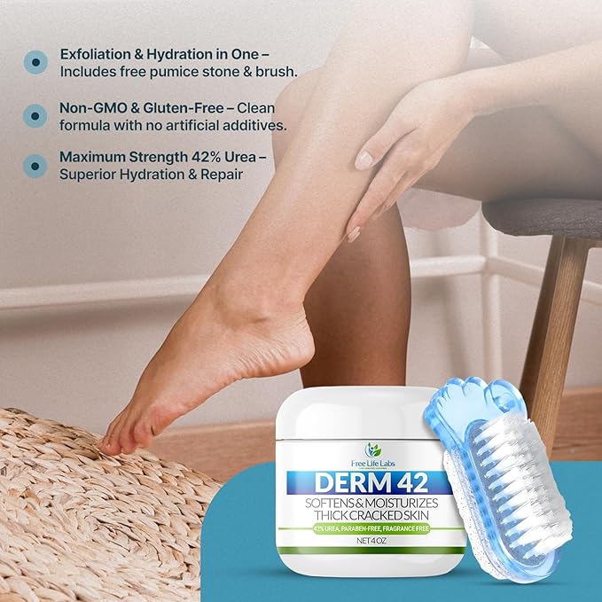 Free Life Labs - Urea Cream for Feet - Maximum Strength 42% Foot Cream for Calluses and Dry Feet - Free Pumice Stone and Brush - Shea and Mango Butters-Paraben Free-Fragrance Free- 4oz.