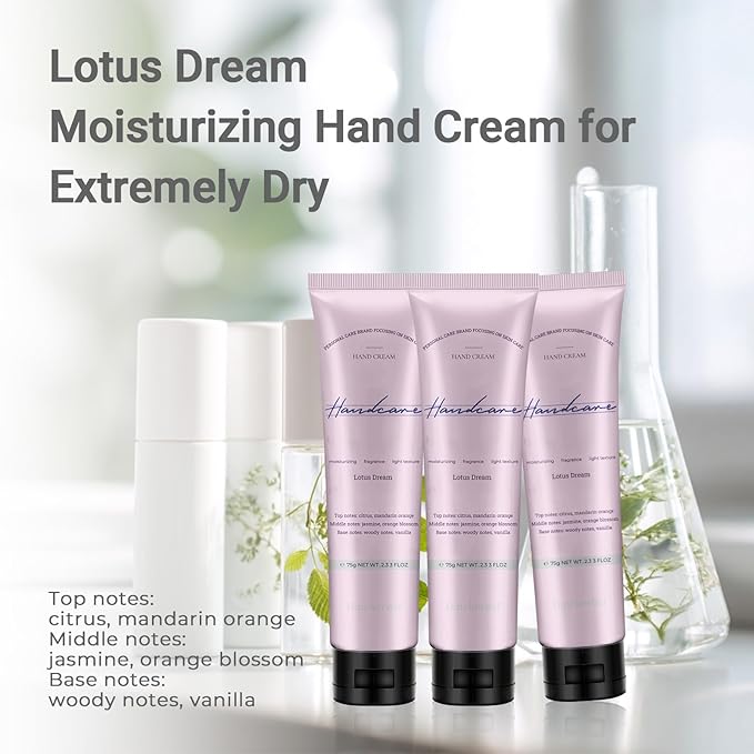 DincherBel 3 Pack Advanced Fragrance Hand Cream for Women and Girls, Deeply Moisturizing Hand Lotion for Dry Cracked Hands Non-greasy, Lotus Dream Hand Cream Gift Set, 2.33oz