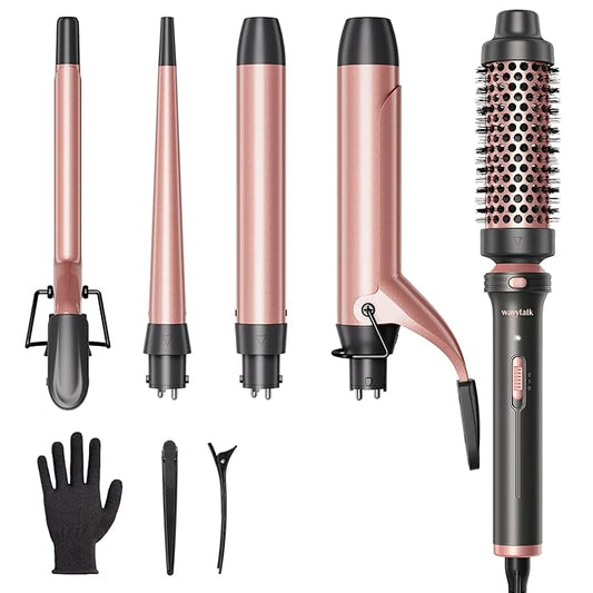 Wavytalk 5 in 1 Curling Iron Set with Curling Brush and 4 Interchangeable Ceramic Curling Wand (0.35"-1.25”), Wand Curling Iron Instant Heat Up, Dual Voltage Hair Curler