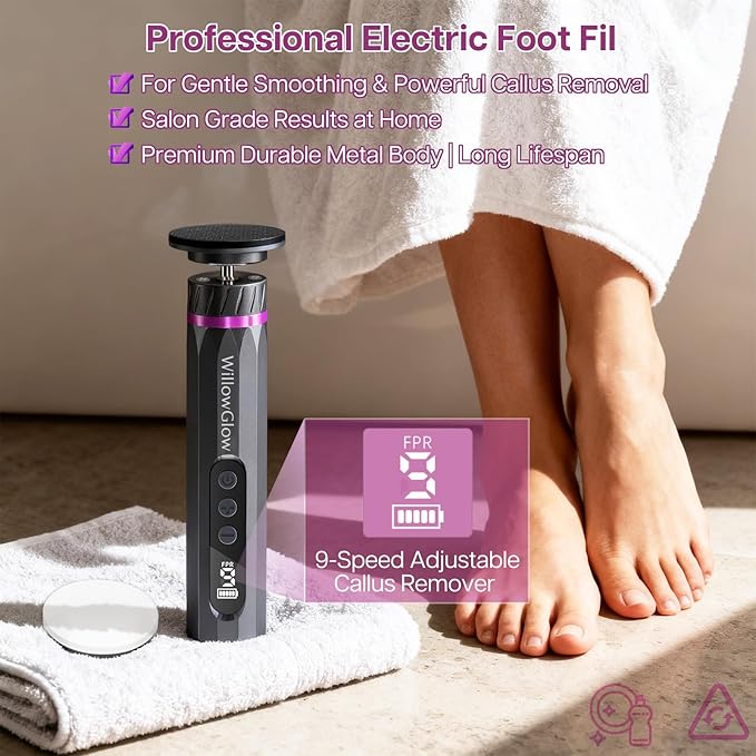 Professional Electric Foot Callus Remover, 9-Speed Cordless Foot File with Reusable Nano Glass Heads & Sandpaper for Dead Skin Removal and Smooth Feet