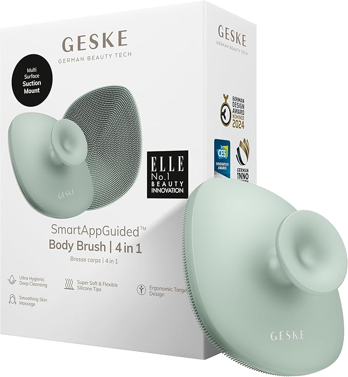 GESKE Body Brush | 4 in 1 | Cleansing Brush for The Entire Body | Professional Deep Cleaning | Soft Silicone Bristles | Ergonomic Two-Finger Design | Cleanses & Massages