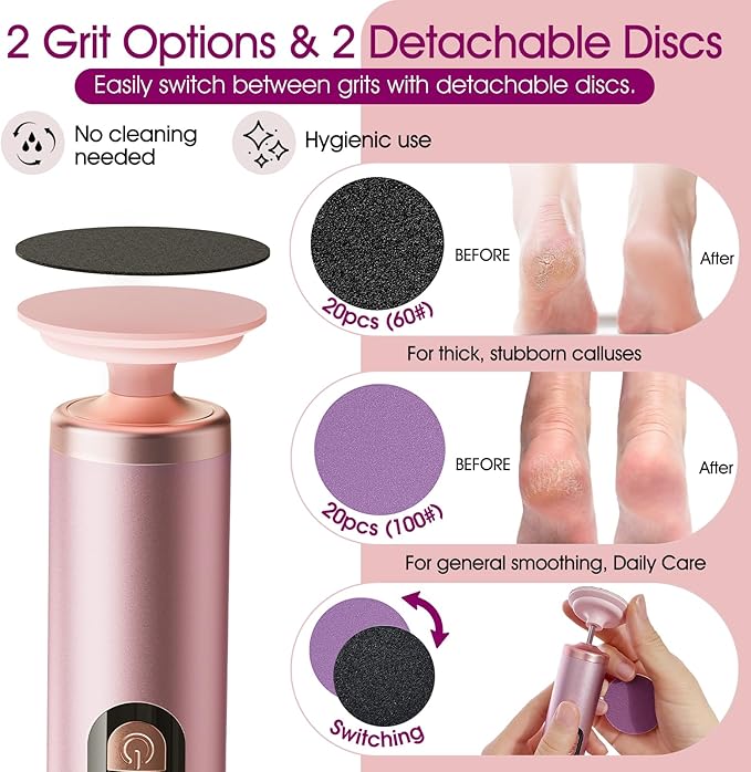 Electric Foot Callus Remover Rechargeable, Professional Pedicure Tools for Feet with 40PCS Sandpaper Discs, Adjustable Speed Heel Scraper for Cracked Heels, Foot Care Scrubber File for Dry Dead Skin