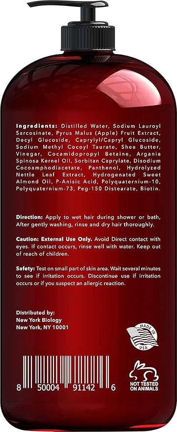 New York Biology Apple Cider Vinegar Shampoo - Helps Restore Shine, Hair Gloss and Hydration to Dry Hair and Itchy Scalp – Clarifying and Nourishing – Safe for All Hair Types - 16.9 fl Oz