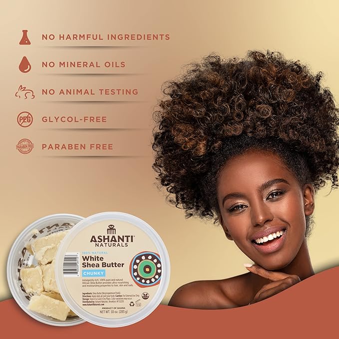 Ashanti Naturals White Chunky Raw Shea Butter | Unrefined African Shea Butter from Ghana | 100% Natural Moisturizer, No Additives - 10 oz