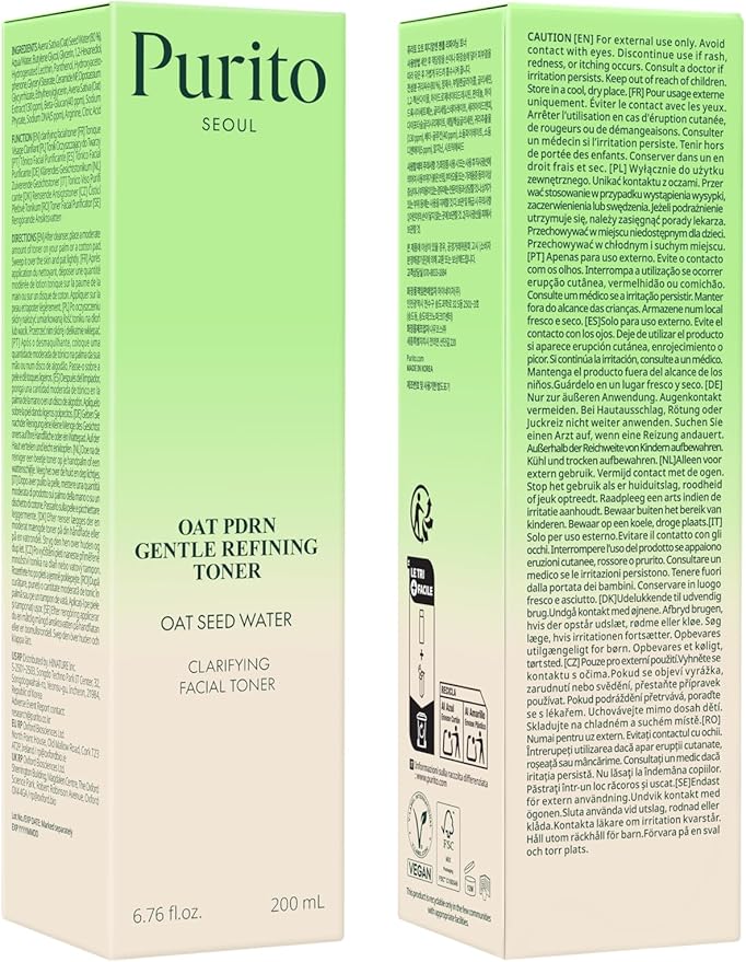 PURITO Oat PDRN Gentle Refining Toner 200 mL 6.76 fl.oz, Korean Oat Exfoliating Toner 99% Pure Oat PDRN, Hydrating & Clarifying Formula for Acne-Prone Skin, Vegan, Non-Comedogenic, Gentle Daily Use