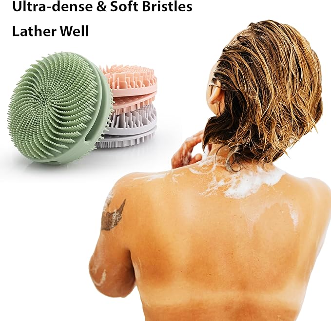 2 PC Silicone Exfoliating Body Scrubber, Silicone Body Shampoo Brush, Soft Silicone Loofah for Sensitive Skin, Shower Silicone Hair Scalp Massager, Easy to Clean, Lather Well(Pink&Black)