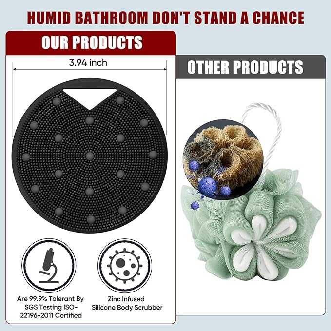 Silicone Body Scrubber for Men Women - Anti Zinc Infused-Exfoliating Body Wash Scrubber,Heavy nodes Deeply Relieve,Vascular plaques,Lymphatic Drainage,Blood Circulation - Black