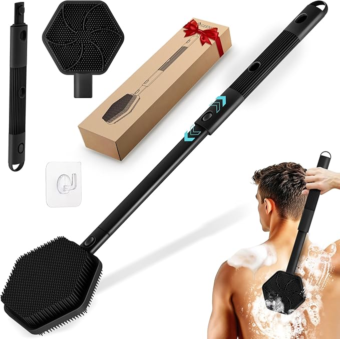 Silicone Back Scrubber for Shower, 16''-21''Extendable Shower Back Scrubber with Dual-Side Large Brush Head, 3-Length Back Brush Bath Brush with Strong Handle & Rich Foaming Bristles(Black)