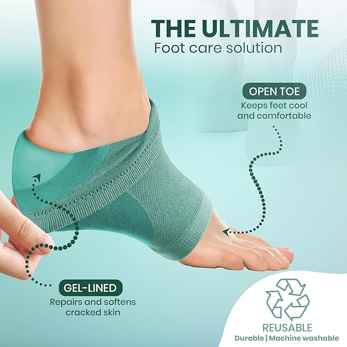 Moisturizing Heel Socks for Cracked Heels - Gel Socks for Dry Cracked Feet Repair - Silicone Socks for Women’s Foot Treatment & Overnight Hydration (Mint Green, 2-Pair)