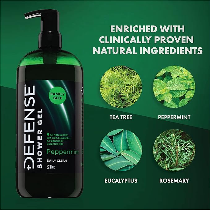 Defense Soap Peppermint Tea Tree Body Wash | All Natural Organic Shower Soap for Athletes | Odor Control & Skin Fungal Protection for Sports, Post Workout & Recovery - 32 oz