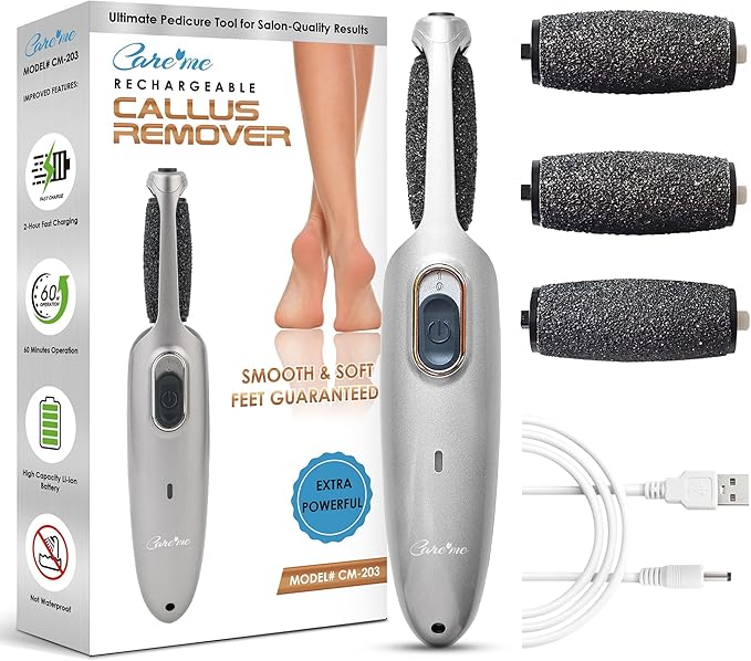 Powerful Electric Foot Callus Remover for Men - Rechargeable Pedicure Foot Grinder Files Away Dead, Hard Skin and Calluses on Heels for Smooth Soft Feet (Silver Grey)
