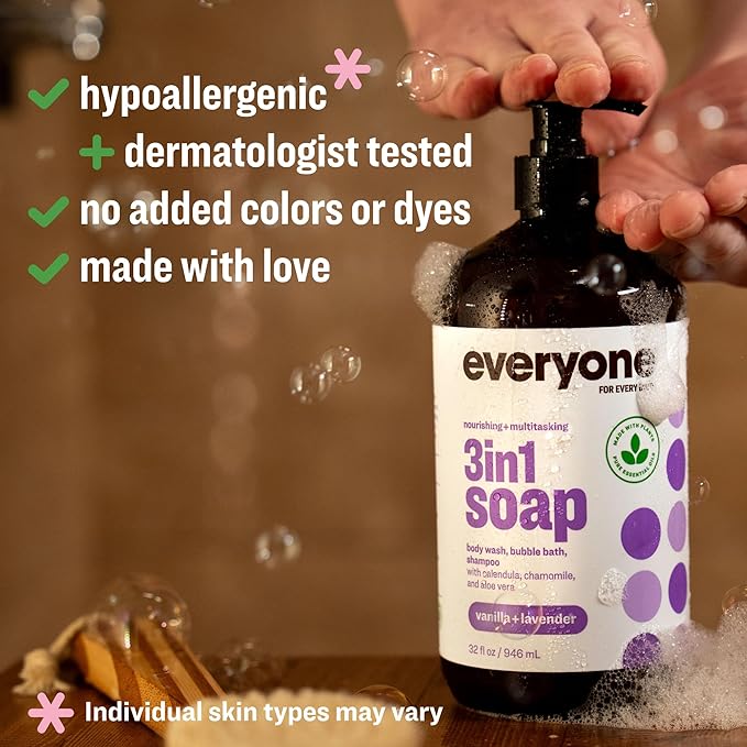 Everyone 3-in-1 Soap, Body Wash, Bubble Bath, Shampoo, 32 Ounce (Pack of 2), Vanilla and Lavender, made with Essential Oils for Men and Women