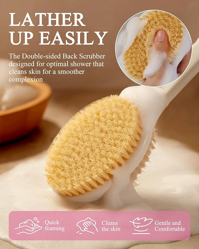 Shower Brush for Massage Dry Brushing: Back Scrubber for Shower with 18.1 in Anti Slip Long Handle - Bath Body Brush for Lymphatic Drainage, Exfoliator Improving Skin Health for Women Men Elderly Pink