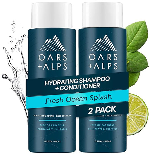 Oars + Alps Men's Sulfate Free Hair Shampoo and Conditioner Set for Men & Women, Infused with Kelp & Algae Extracts, Nourishing & Moisturizing, Paraben Free, Fresh Ocean Splash Scent, 2pk, 13.5oz