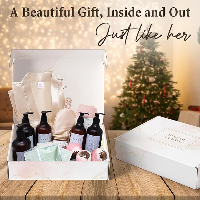 17-Piece Luxury Gift Set with Robe | Complete INFUSÉ White Tea & Coconut Bath Collection | Self-Care Kit with Bath Bombs, Face Masks & Hair Care | Bridesmaid, Mom, Wife, Grandma or Loved Ones