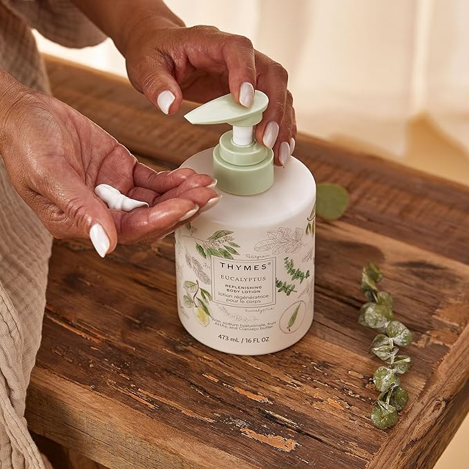 Thymes Large Replenishing Body Lotion - Moisturizing Body Lotion for Dry Skin - Scented with Notes of Eucalyptus Oil, Lemon, Petitgrain, Bergamot, Lemongrass, & Lush Fir (Eucalyptus, 16 fl oz)
