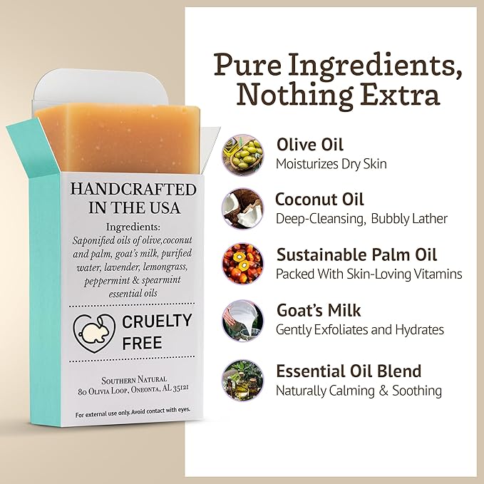 Southern Natural Goat Milk Soap Bar - 3 Pack Essential Oil Blend - For Dry Sensitive Skin. Natural Handmade Face & Body Soap For Men & Women. (Net 12 oz)