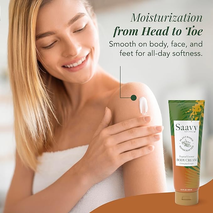 Saavy Naturals Body Cream Tropical Coconut Plant-Based Ingredients| Made In USA | Absorbent Shea Butter Vegan Formula, Thick and Creamy Body Moisturizer, Body Lotion for Dry Skin- 8.5 Fl Oz