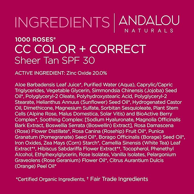 Andalou Naturals 1000 Roses CC Color + Correct with SPF 30, Sheer Tan, 2-in-1 Face Sunscreen + CC Cream for Sensitive Skin, Helps Correct Uneven Skin Tone, Reef Safe Sunscreen, 2 Fl Oz