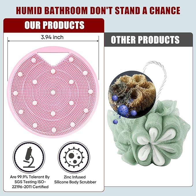 Silicone Body Scrubber - Anti Zinc Infused-Stiff and Soft Bristles,Exfoliating Body Wash Scrubber,Loofah Shower Scrubber for Body,Lymphatic Drainage,Blood Circulation and Lather Well- Pink