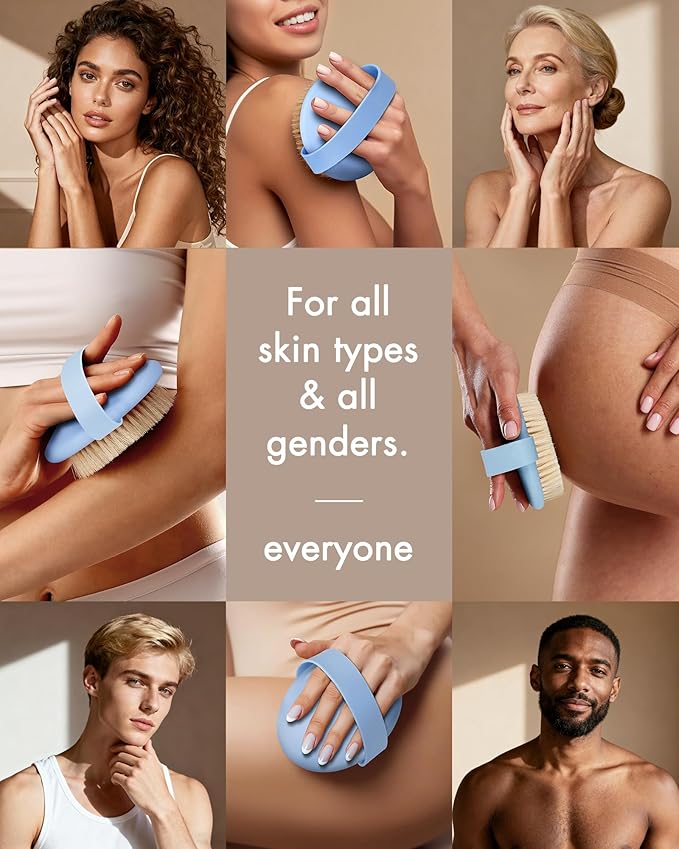 Dry Brushing Body Brush for Massage - Natural Boar Bristle Exfoliating Brush with Massage Nodes for Lymphatic Drainage, Cellulite, Blood Circulation Improving Skin Health for Women Men Elderly(Blue)