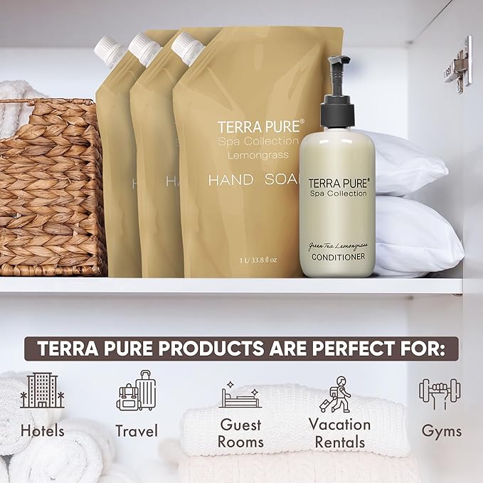 Terra Pure Spa Collection 1 Liter Hand Wash Refill Bag For Soap Dispensers | Bulk Toiletries for Vacation Rentals, and Home Bathroom Showers | Green Tea Lemongrass | Set of 12