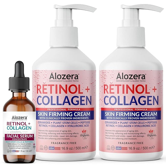 Alozera Retinol Collagen Firming Body Lotion (2-Pack) and Retinol Collagen Serum with Stem Cells – Hydrating and Firming Skincare Duo for Face, Neck and Body, Lightweight, Fragrance-Free, Made in USA